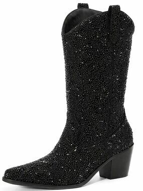 Women's Black-a faux leather Pointed Toe Heel Cowgirl Boots with Pull On Tabs